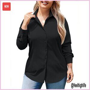 Plus Size Long Sleeve Button Down Shirt Wrinkle Free Office Blouse